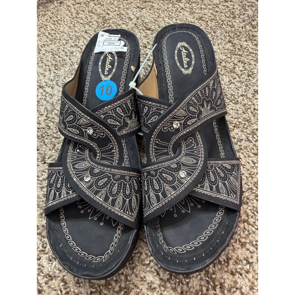 Atalina DW3193 Black Embroidered Rhinestone Wedge Slide Sandals Womens 10